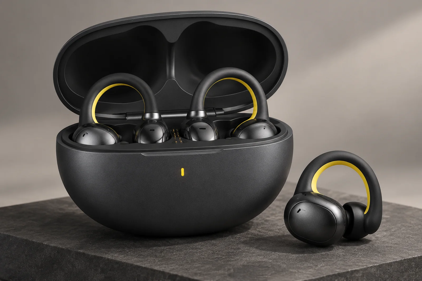 Urban Move open-ear wireless earbud concept in charcoal and yellow