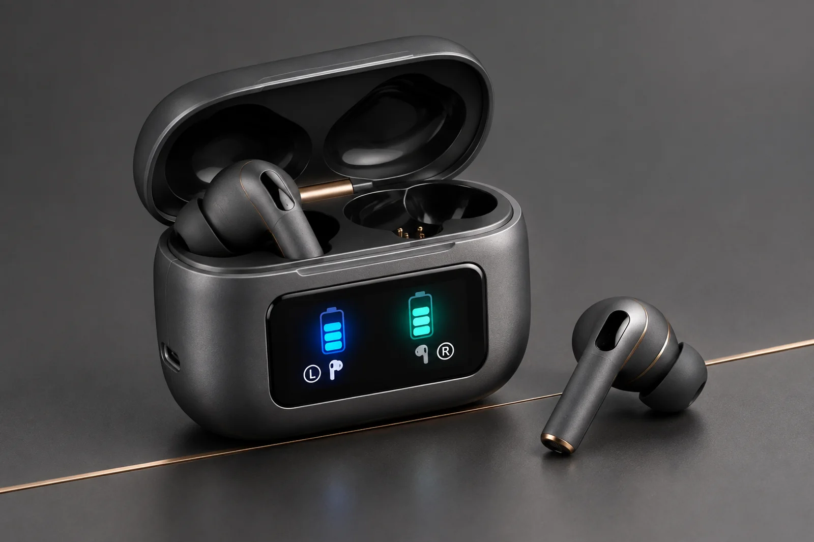 Work Call stem wireless earbud concept with a screen-equipped charging case