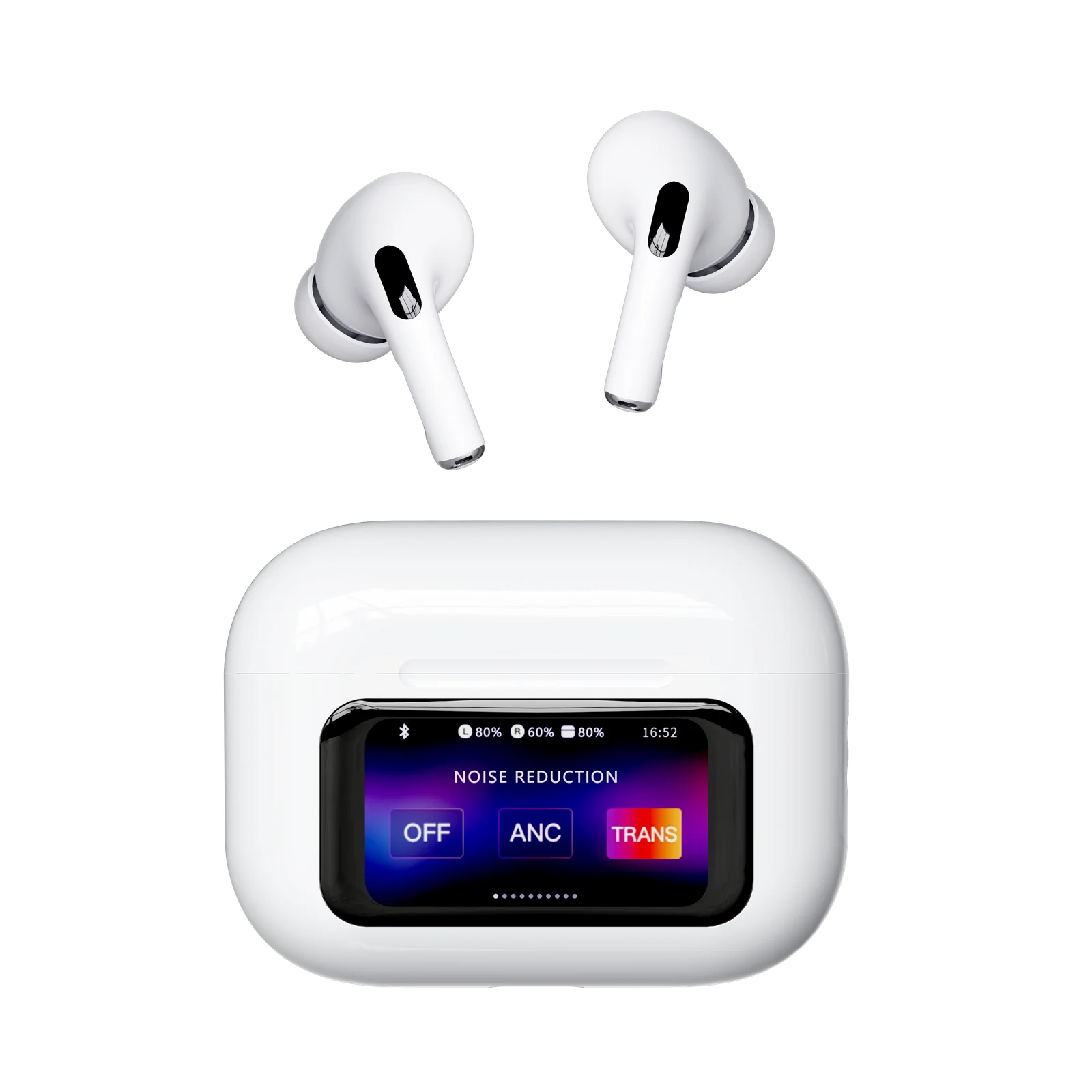 A9 Pro white wireless earbuds with a color display charging case