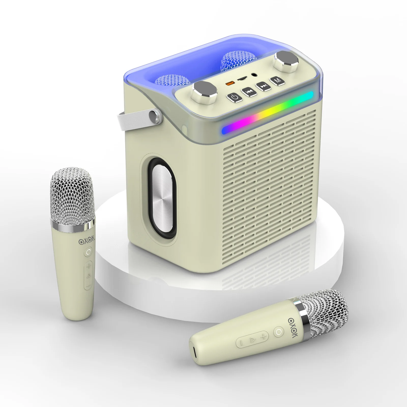 P5E portable karaoke speaker with two wired microphones